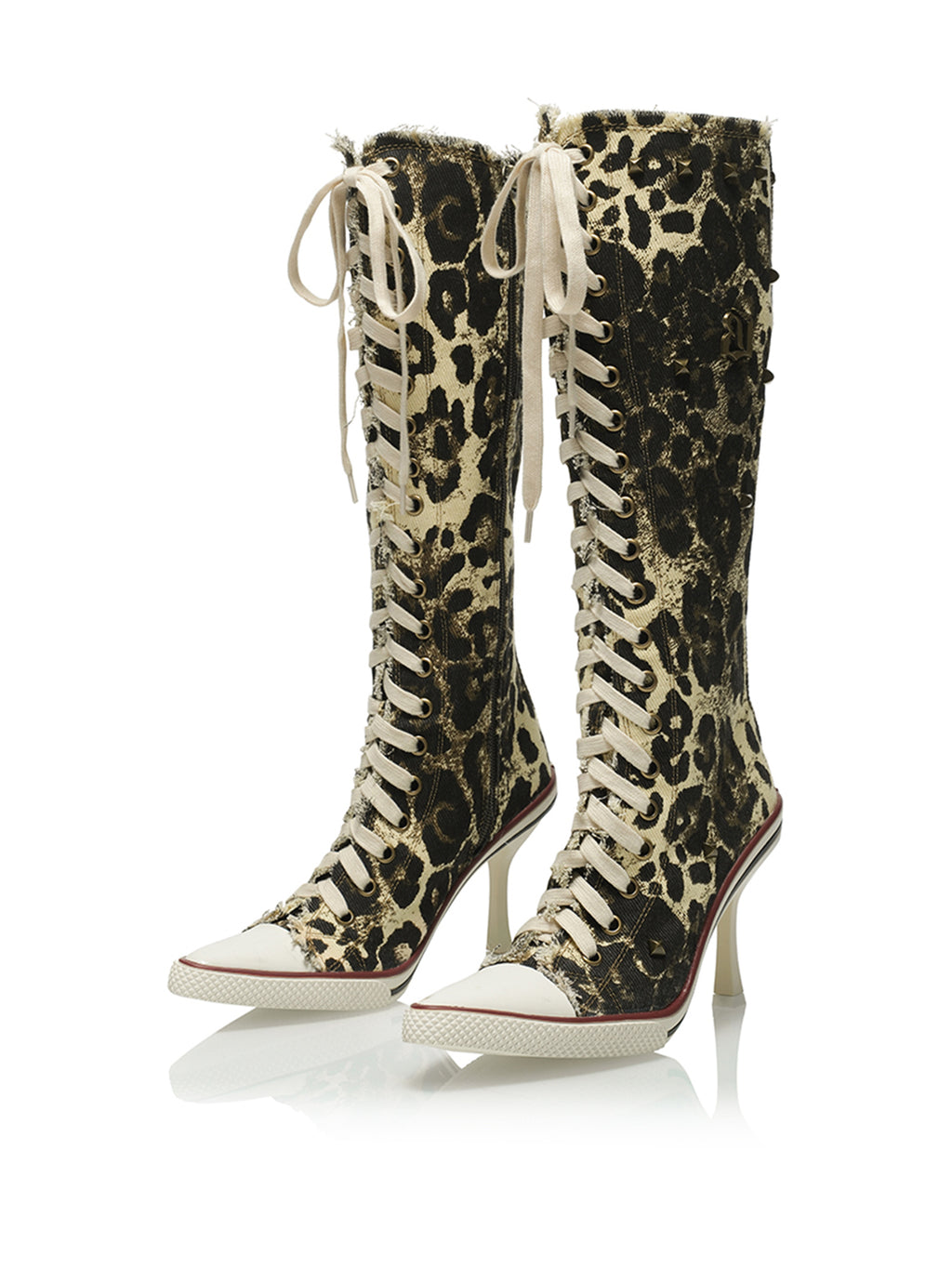 Distressed Denim Lace-Up High Heel Knee-High Boots detail 1