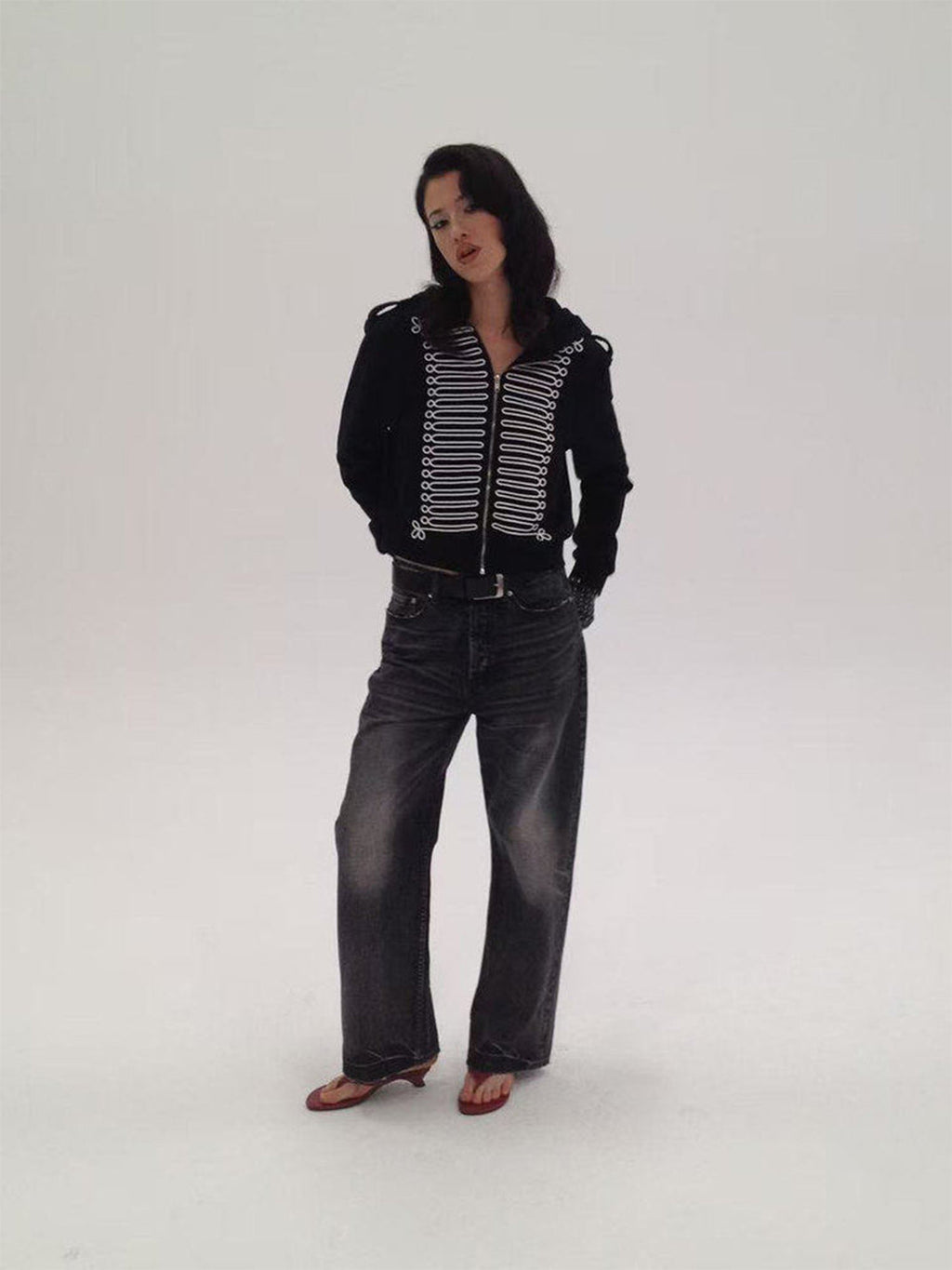 CHAI Epaulette Pattern Zip-Up Hoodie – Black
