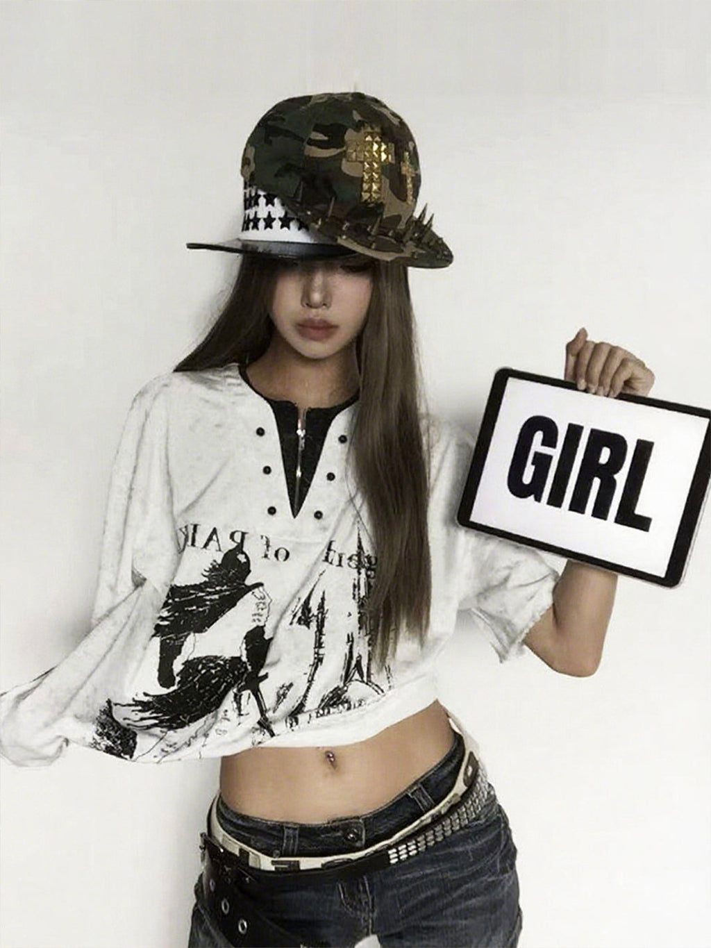 PAIKI Henry Collar Pearl Button Fake Two-Piece T-Shirt