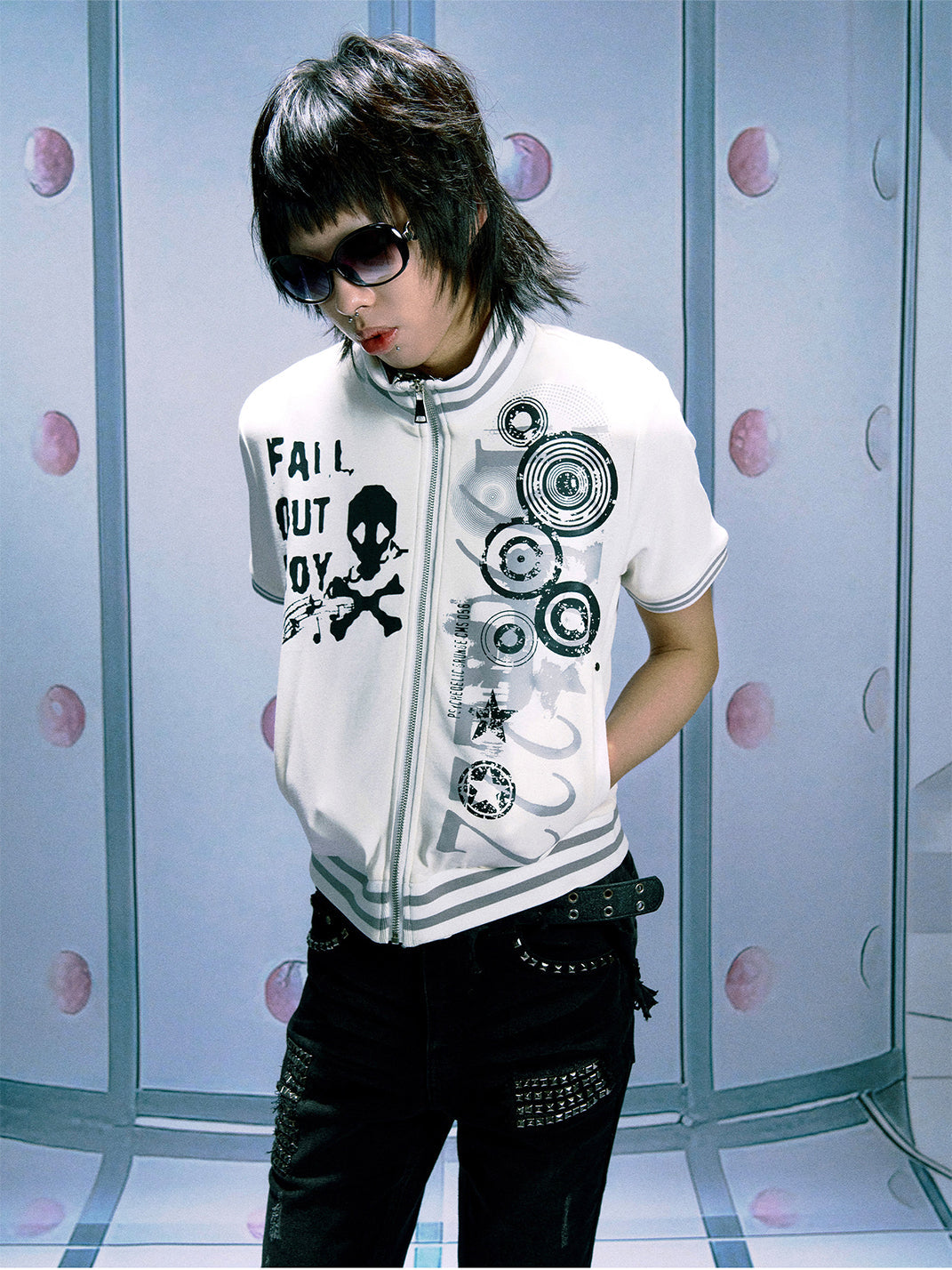 PAIKI Skull & Note Stand Collar Zip-Up Short Sleeve Cardigan