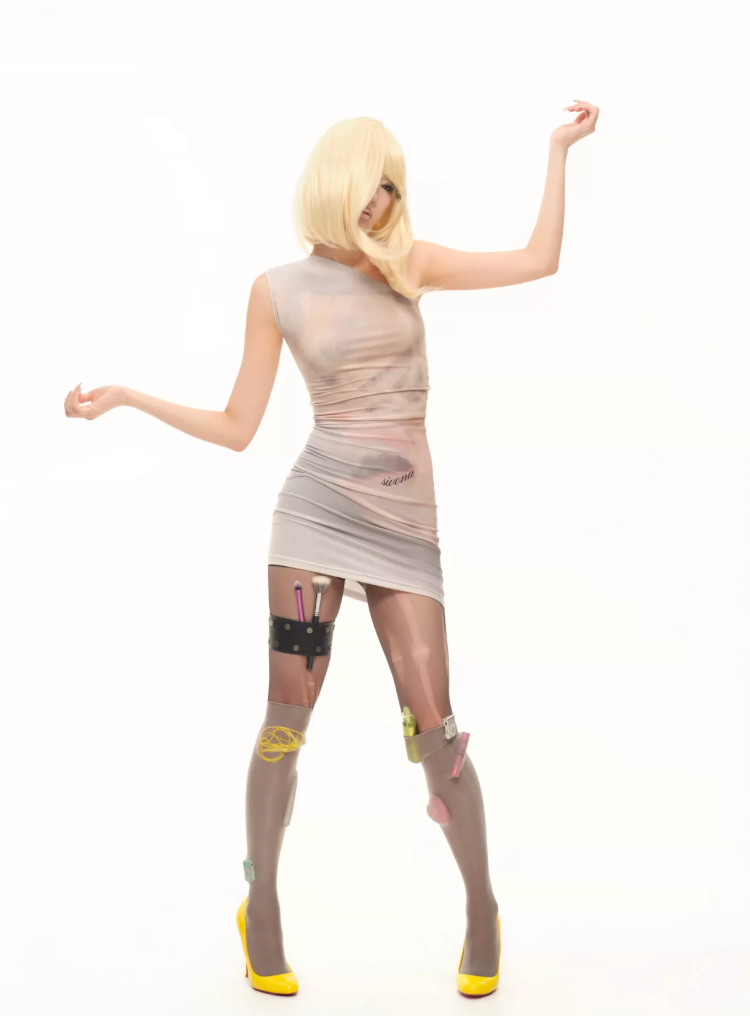 Sivona Dollar Doll Print Sheer Stackable Bodycon One-Shoulder Dress