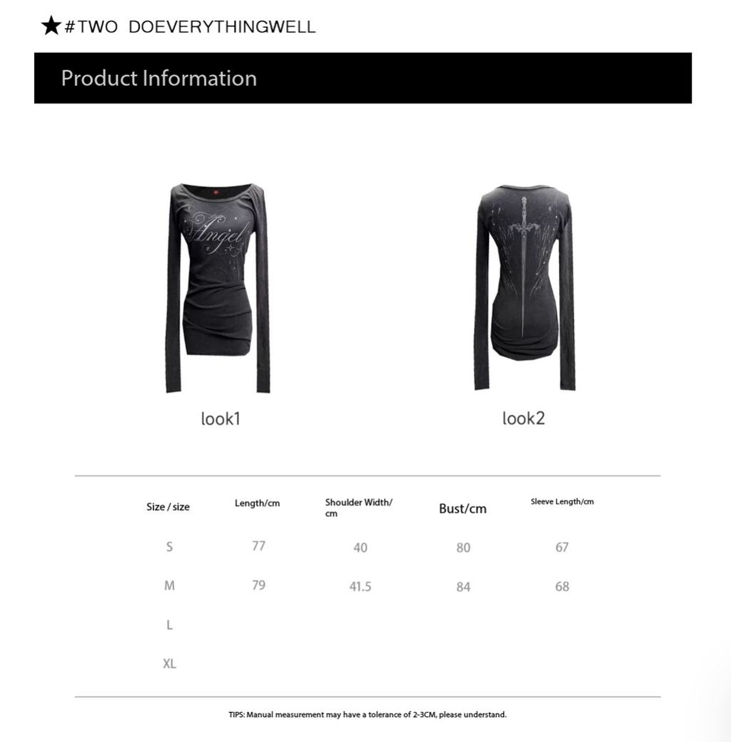 DETW Vintage Wing Rhinestone Washed Black Long Sleeve Bodysuit