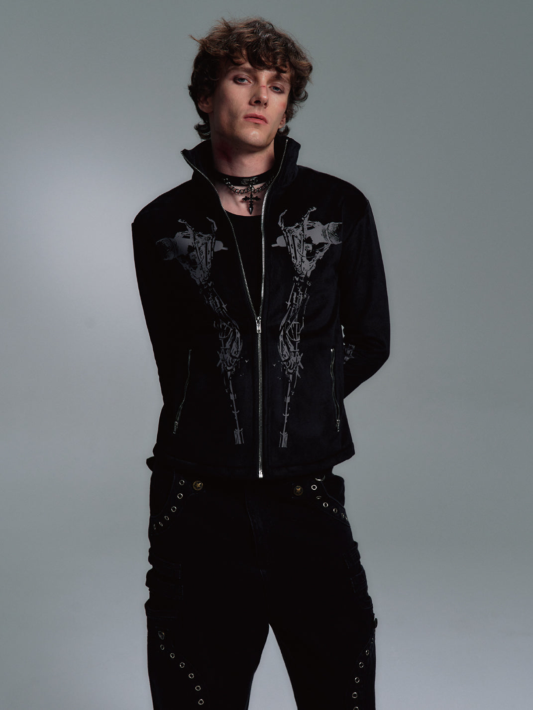 PAIKI Skull Singer & Music Note Velvet Zip Jacket