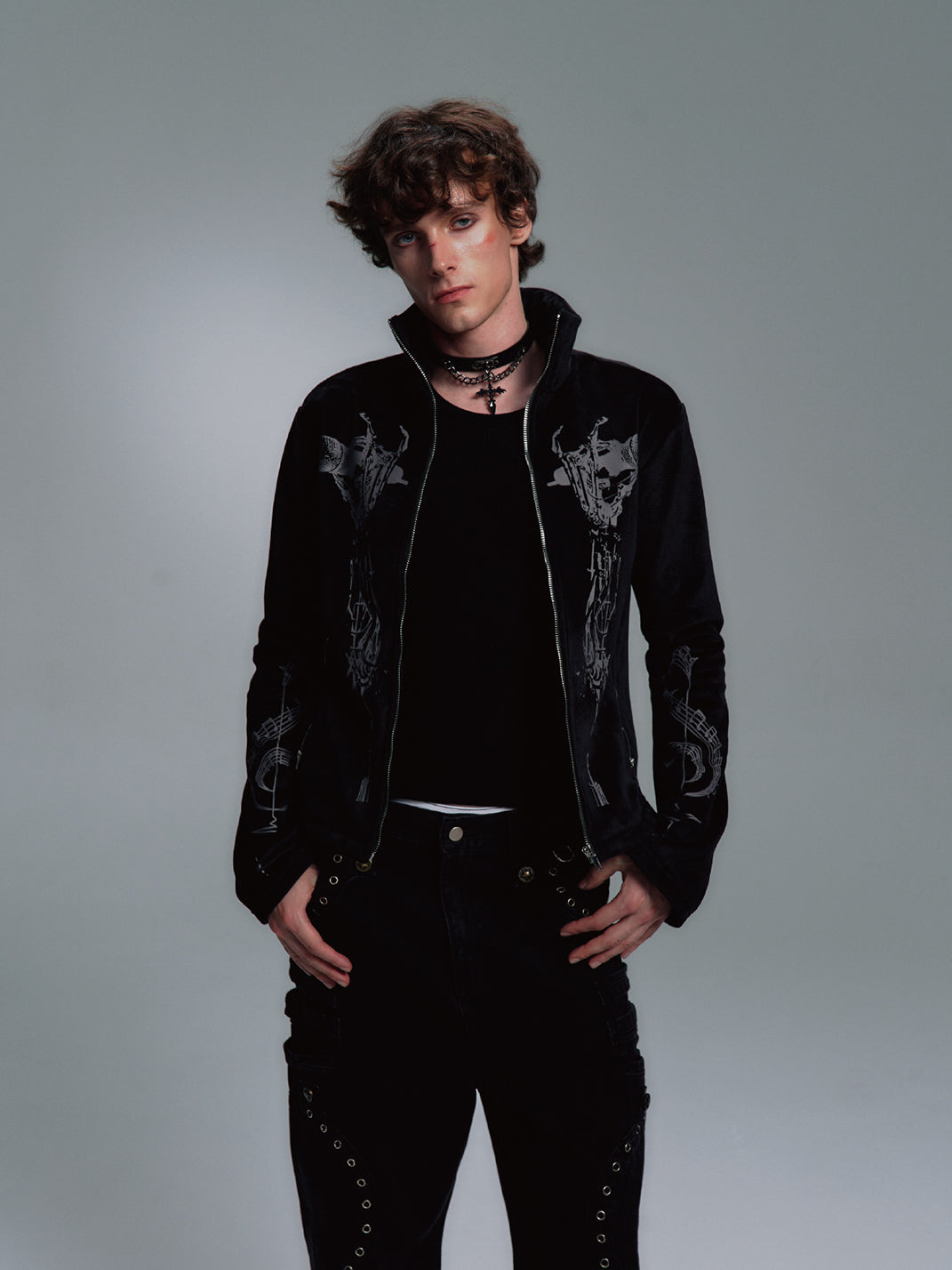 PAIKI Skull Singer & Music Note Velvet Zip Jacket
