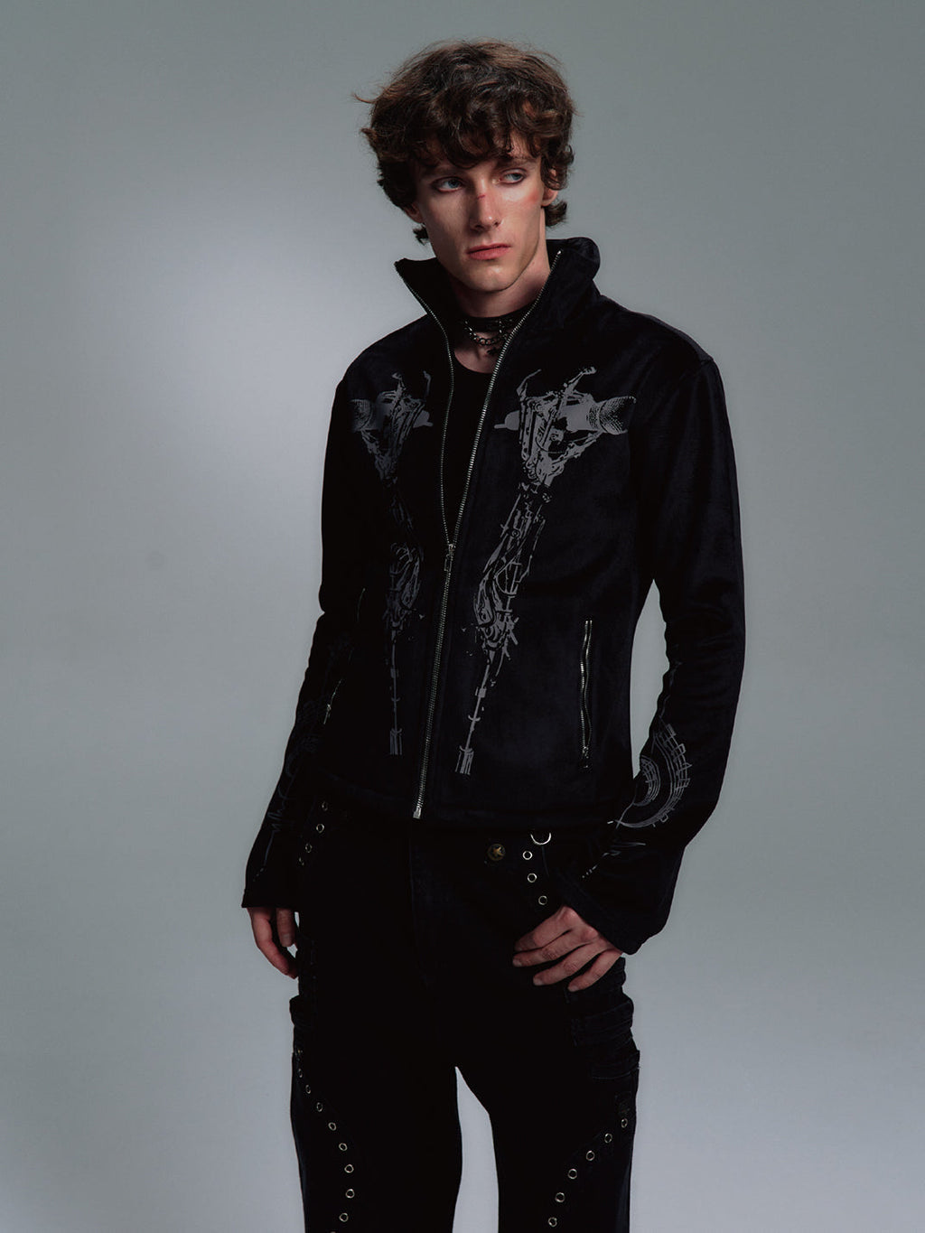 PAIKI Skull Singer & Music Note Velvet Zip Jacket