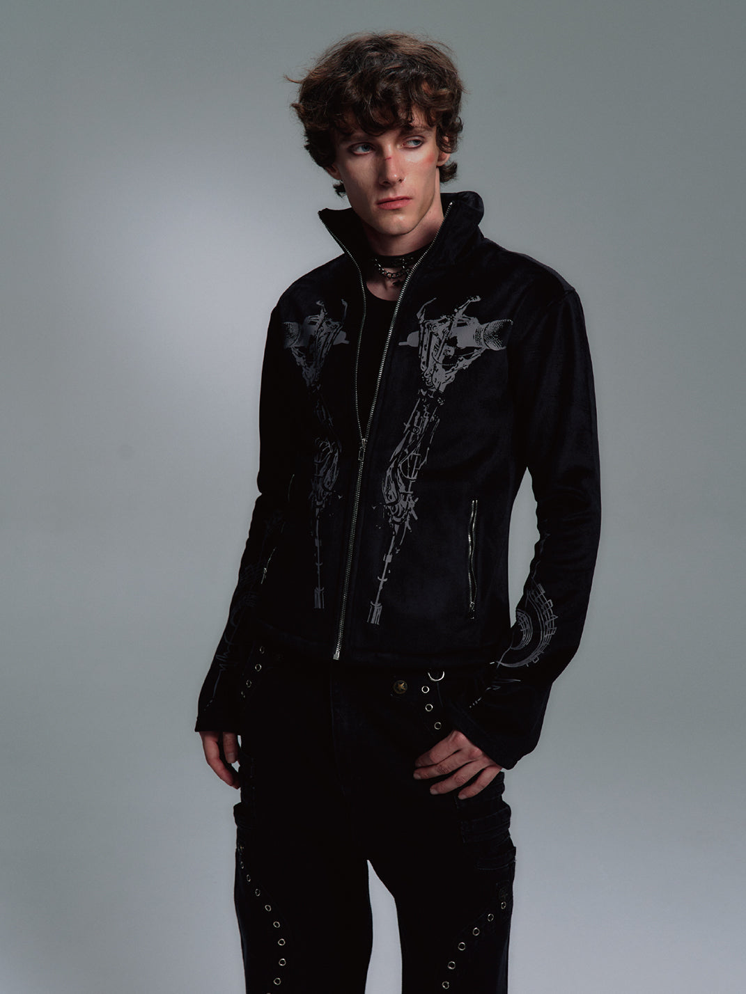 PAIKI Skull Singer & Music Note Velvet Zip Jacket
