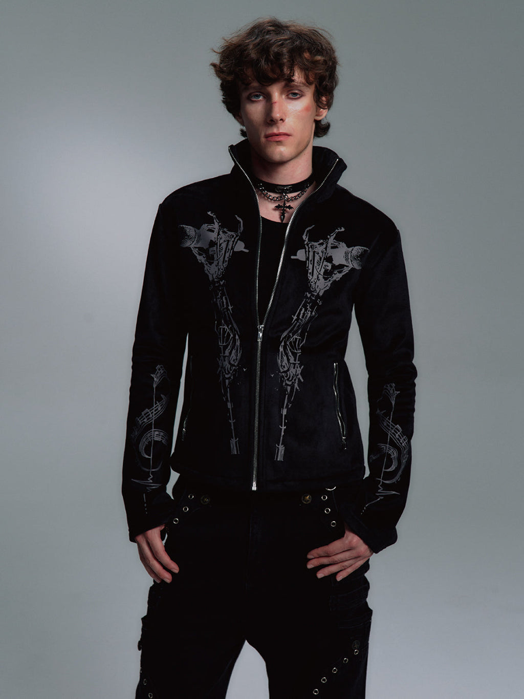 PAIKI Skull Singer & Music Note Velvet Zip Jacket