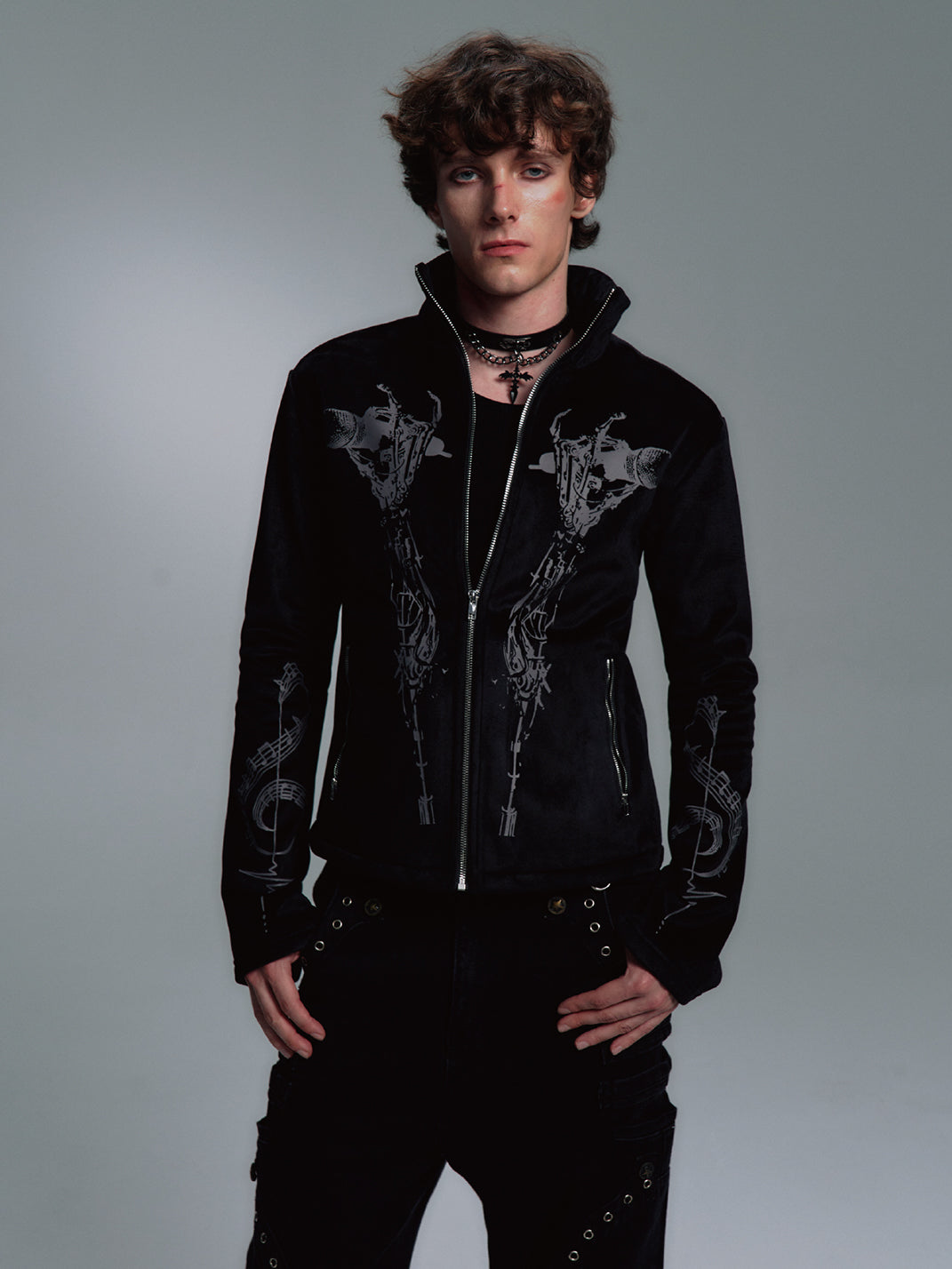 PAIKI Skull Singer & Music Note Velvet Zip Jacket