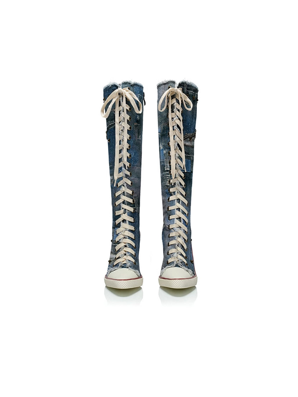 Distressed Denim Lace-Up High Heel Knee-High Boots detail 2