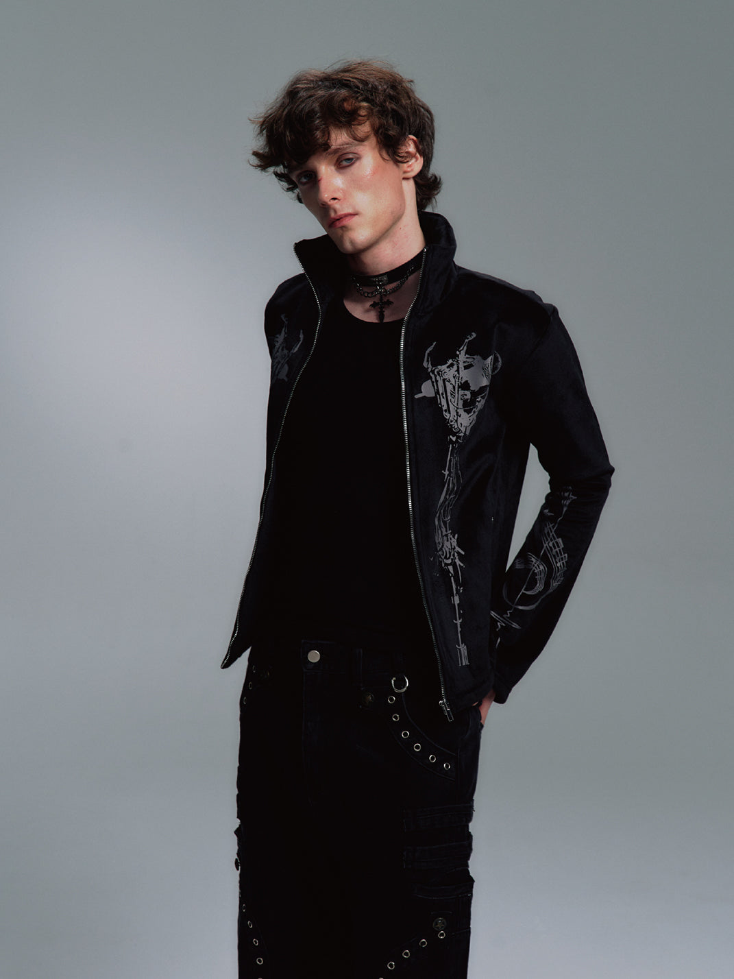 PAIKI Skull Singer & Music Note Velvet Zip Jacket