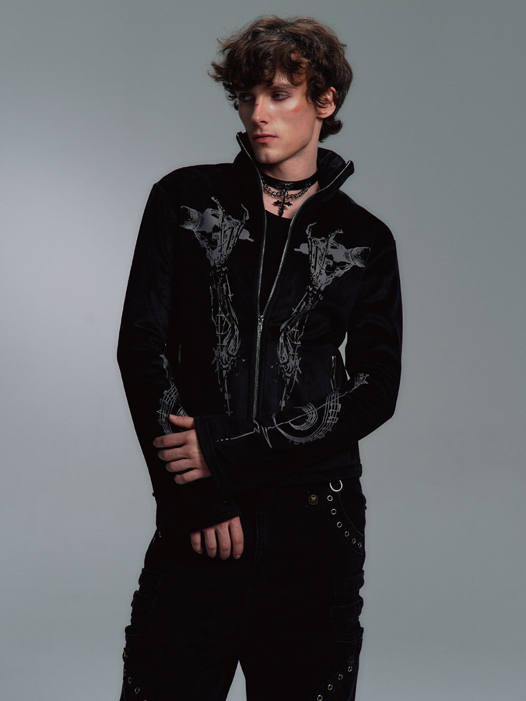 PAIKI Skull Singer & Music Note Velvet Zip Jacket