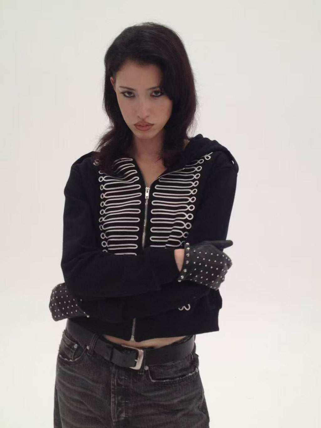 CHAI Epaulette Pattern Zip-Up Hoodie – Black