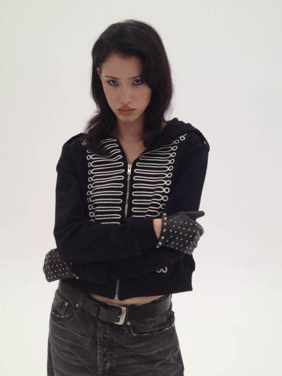 CHAI Epaulette Pattern Zip-Up Hoodie – Black