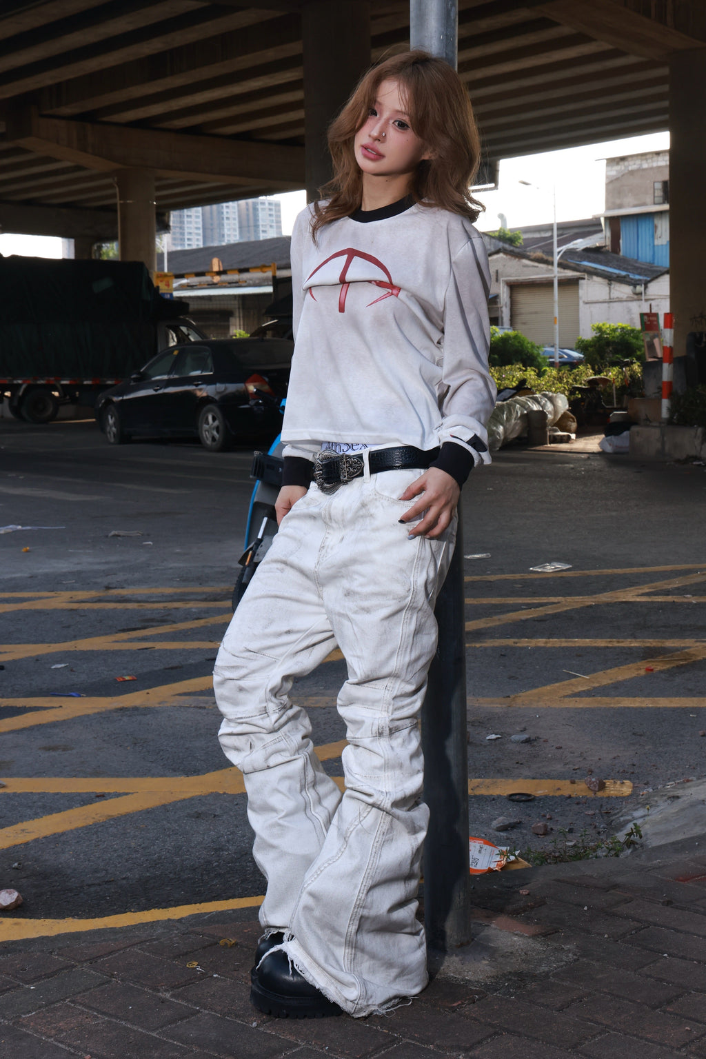 White Distressed Flare Denim Pants