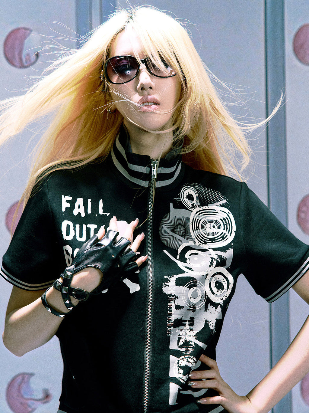 PAIKI Skull & Note Stand Collar Zip-Up Short Sleeve Cardigan