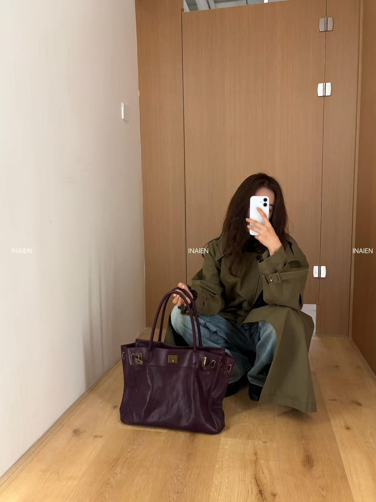 INAIEN Purple Water-Dyed Calfskin Vintage  Tote Bag