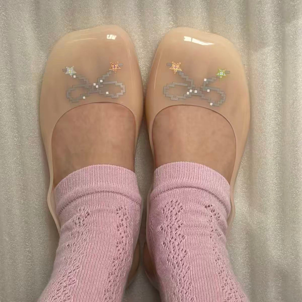 Pixel Bow Jelly Ballet Flats – Transparent Square-Toe Jelly Shoes