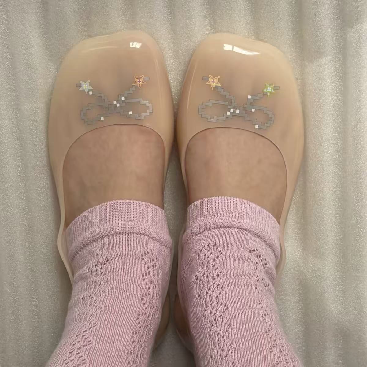 Pixel Bow Jelly Ballet Flats – Transparent Square-Toe Jelly Shoes