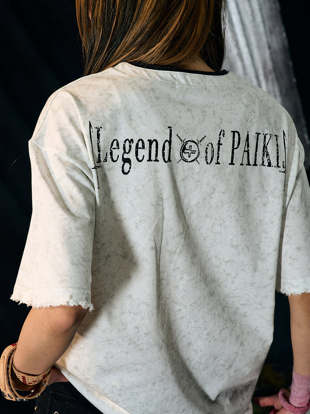 PAIKI Henry Collar Pearl Button Fake Two-Piece T-Shirt