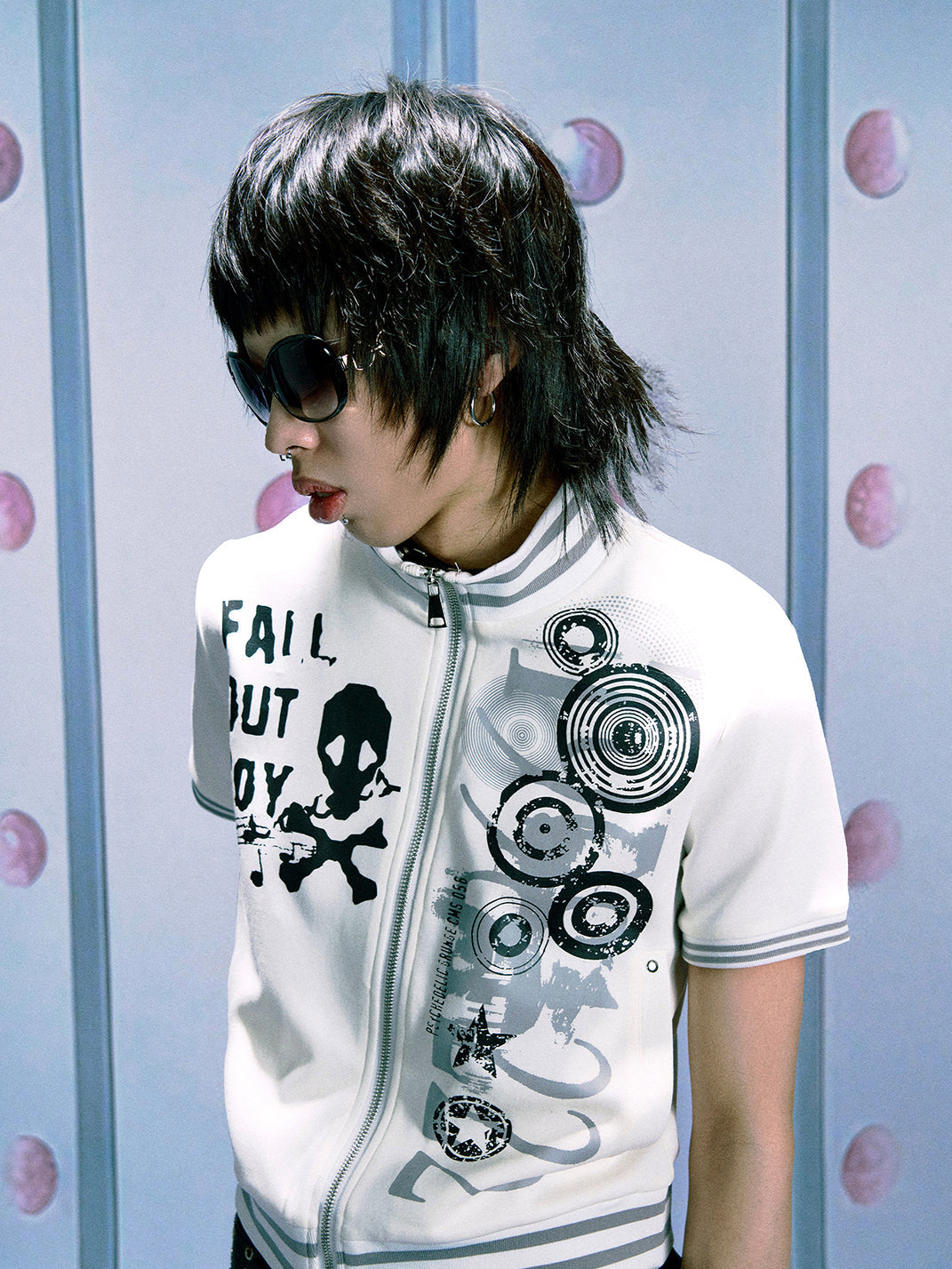 PAIKI Skull & Note Stand Collar Zip-Up Short Sleeve Cardigan