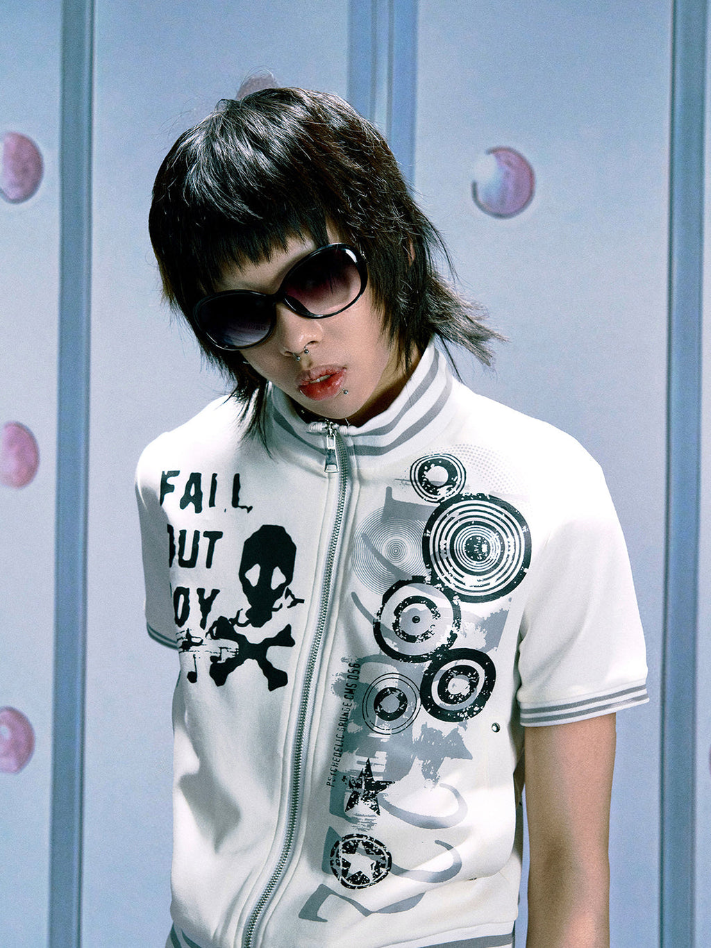 PAIKI Skull & Note Stand Collar Zip-Up Short Sleeve Cardigan