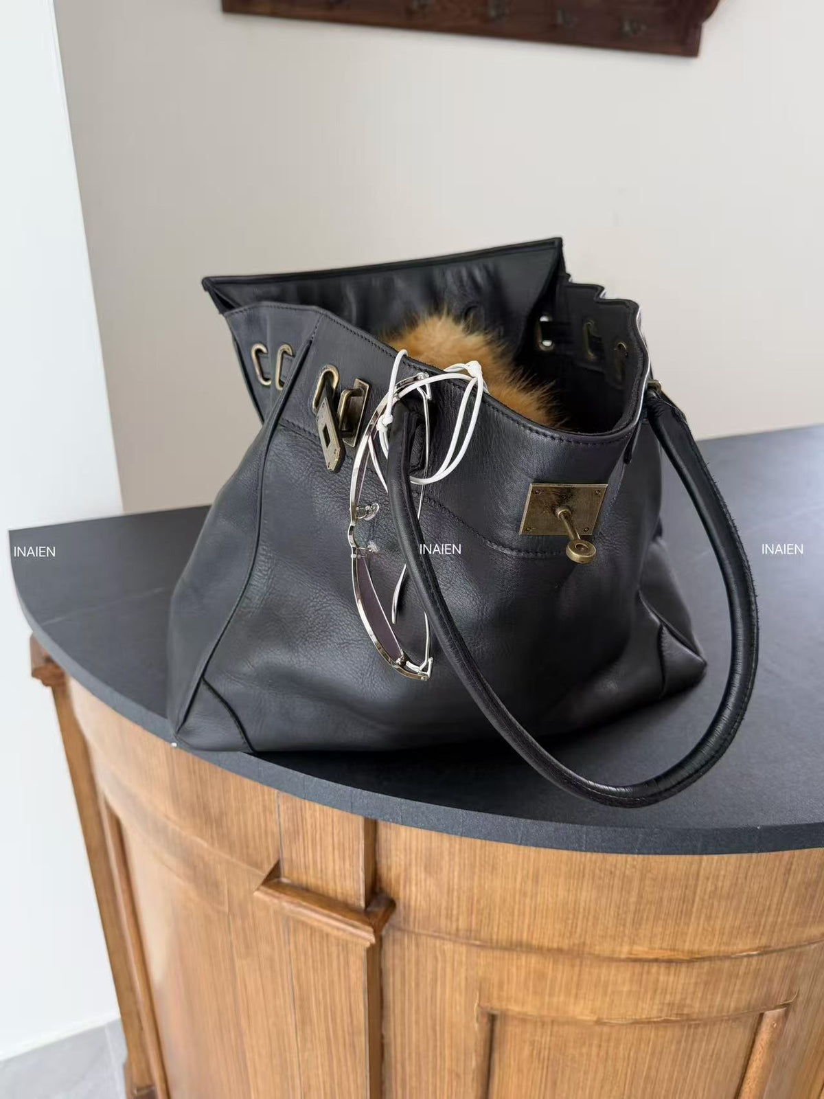 INAIEN Black Water-Dyed Calfskin Vintage  Tote Bag