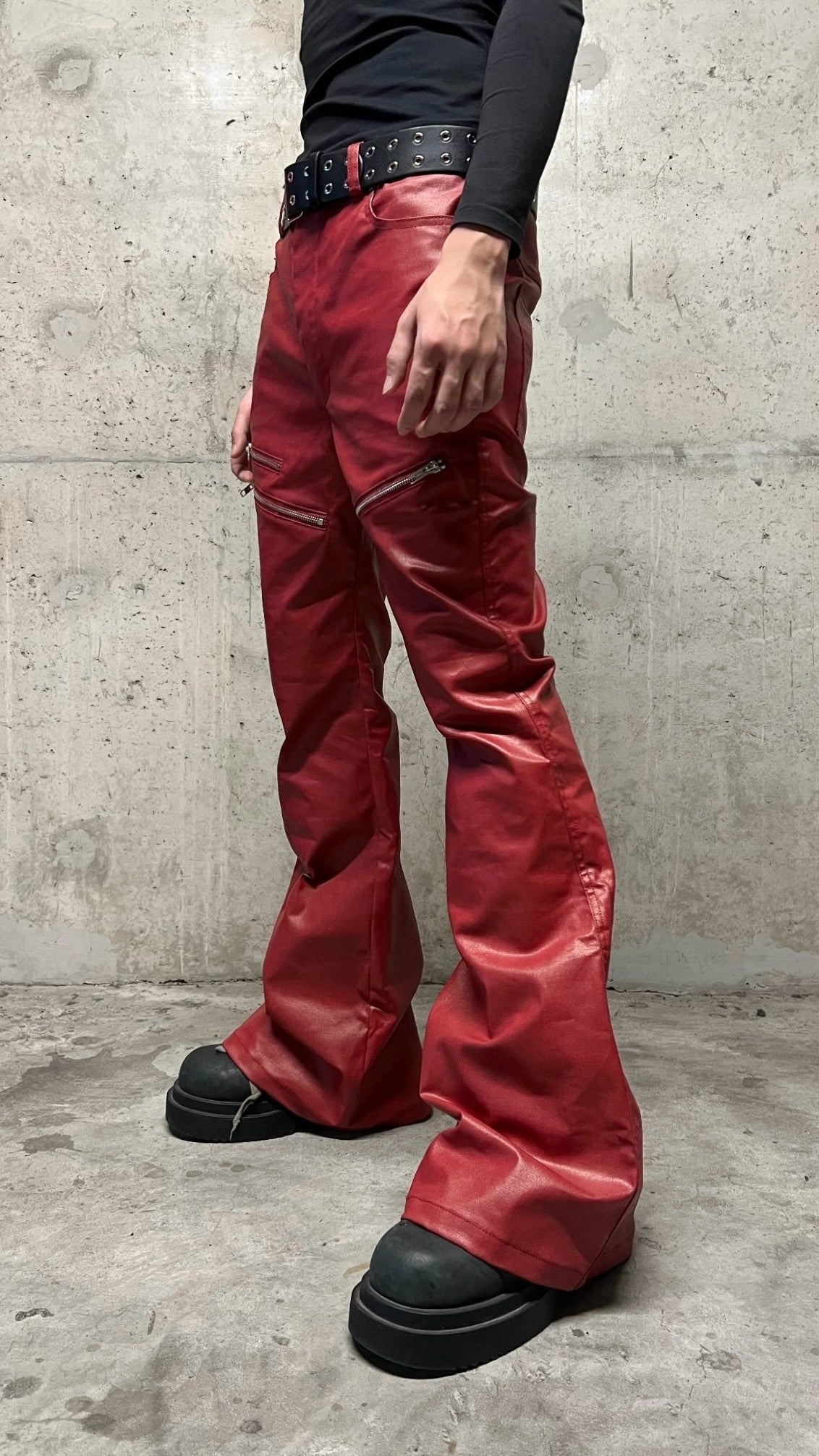 Liquid Metal Red Coated Waxed Flared Jeans