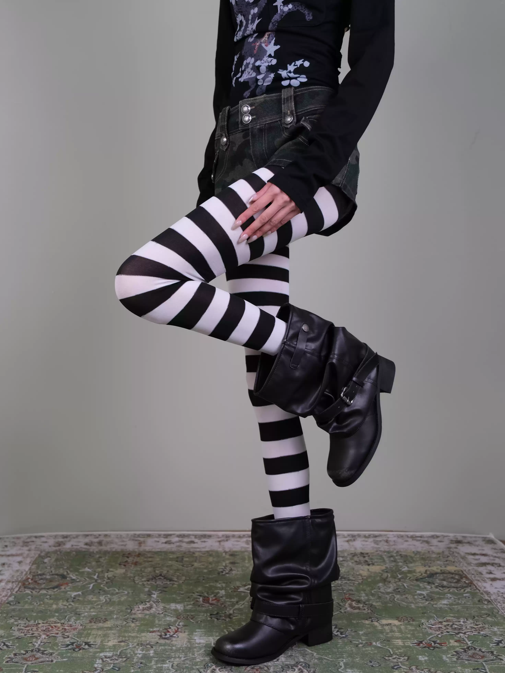Black & White Striped Tights - Sweet-Cool Gothic Y2K Opaque Stockings