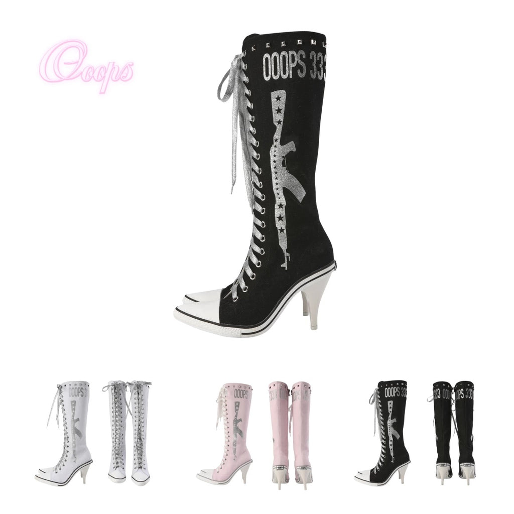 Ooops333 Studded Glitter Canvas Lace-Up Knee-High Boots