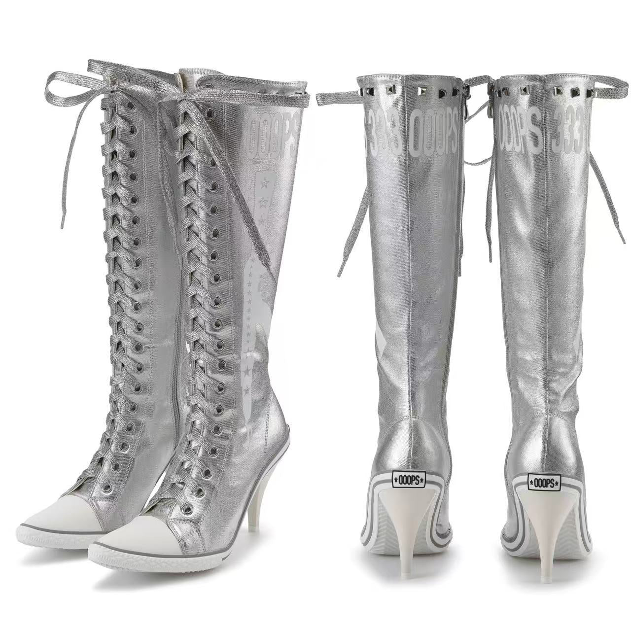 Ooops333 Y2K Studded Glitter Canvas High Top Heels | Metallic Lace-Up Platform Boots