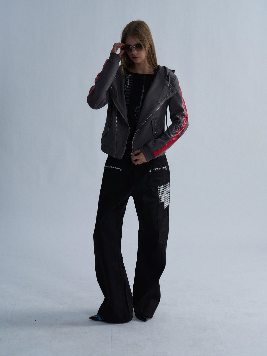 PAIKI Studded Hooded Slim Fit Biker Jacket