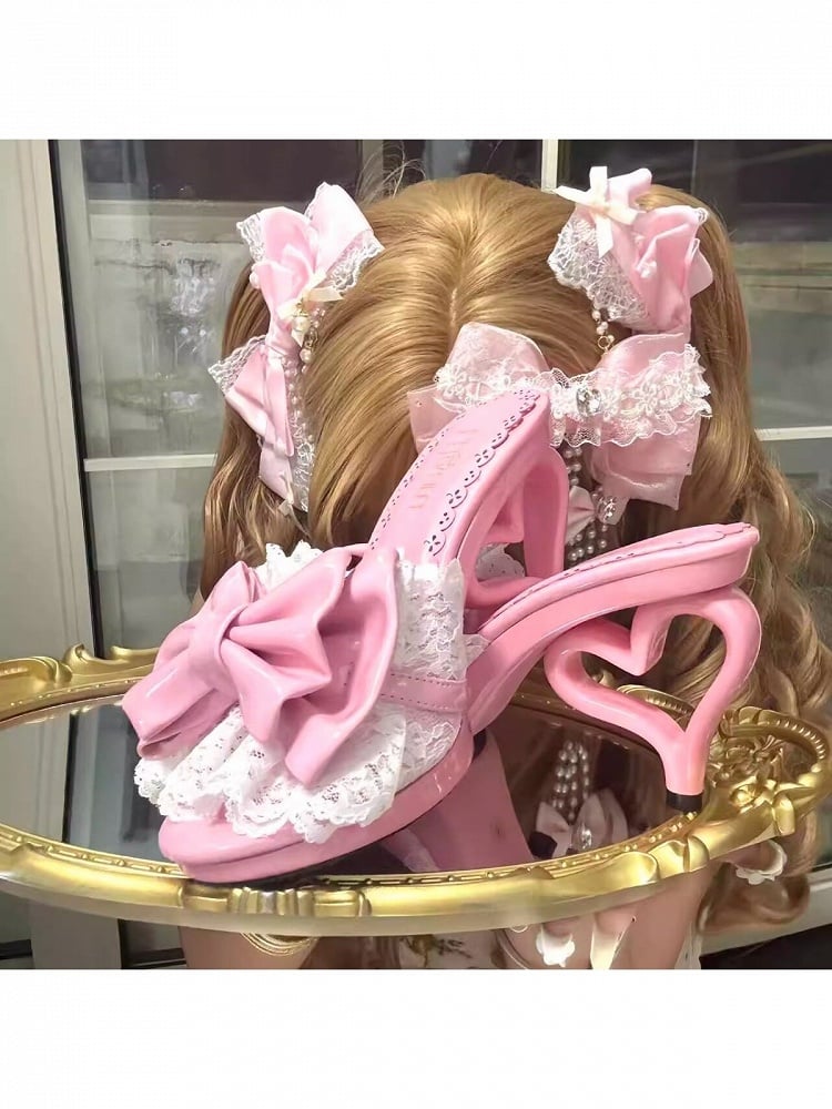 Pink Heart Heel Gyaru Slingback Shoes – 9.5cm Heels with Bowknot & Lace Details