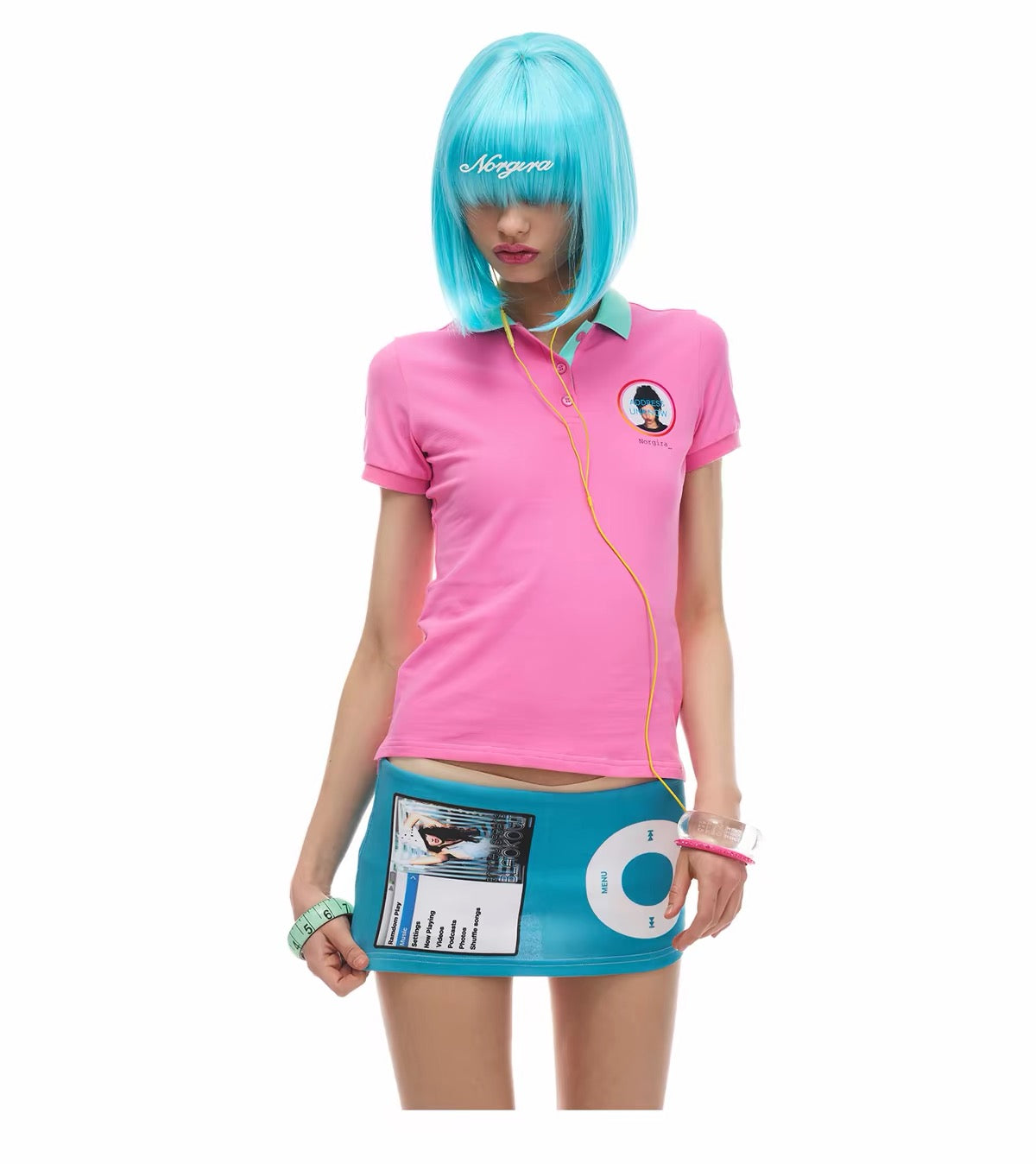 NORGIRA | Teal Y2K Digital Music Player Print Mini Skirt