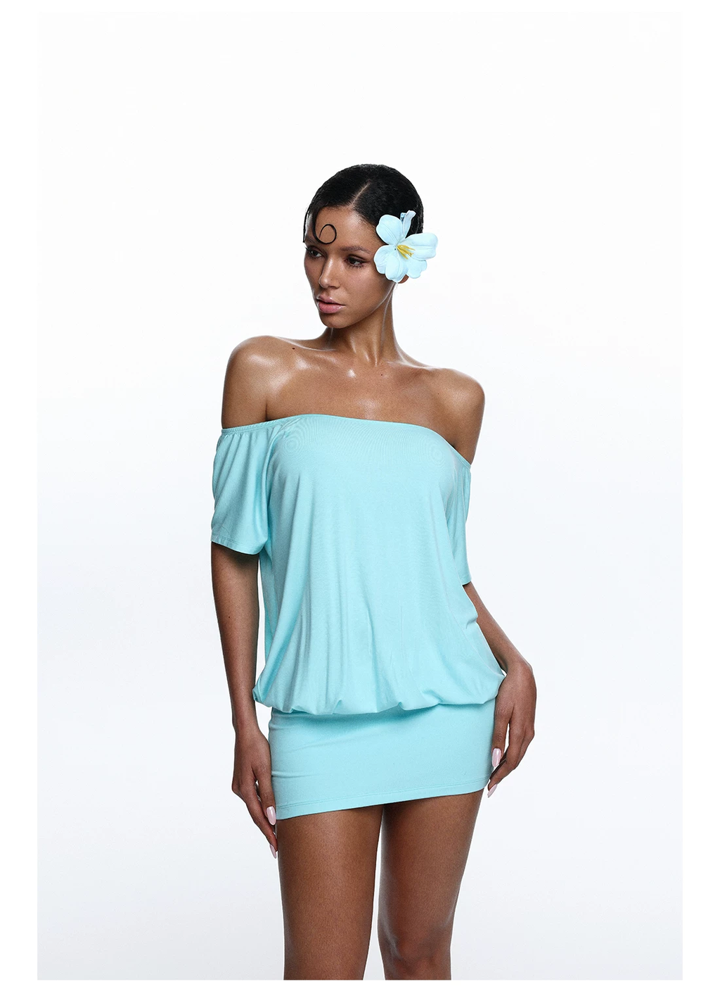 Teal Off-Shoulder Backless Dress