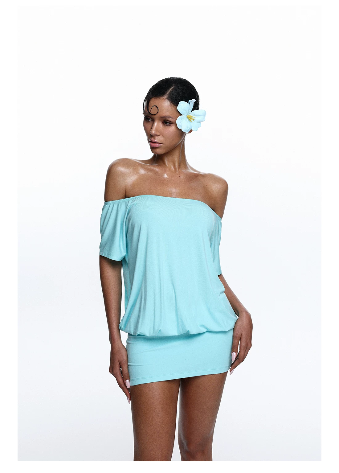 Teal Off-Shoulder Backless Dress