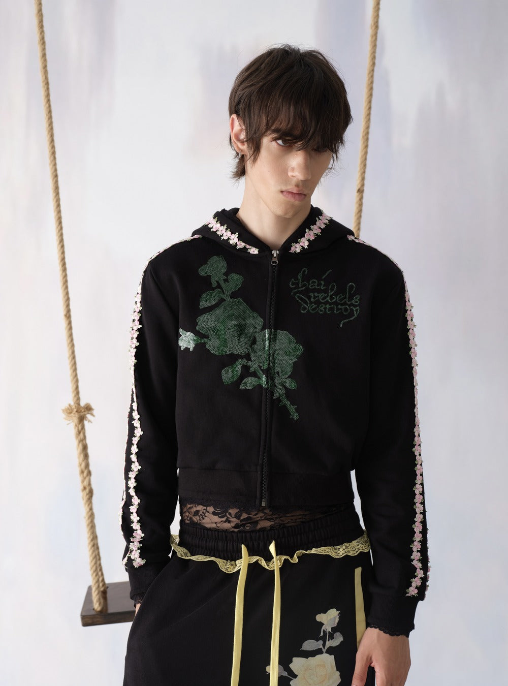 CHAI Floral Sequin Embroidery Cropped Zip-Up Hoodie – Black