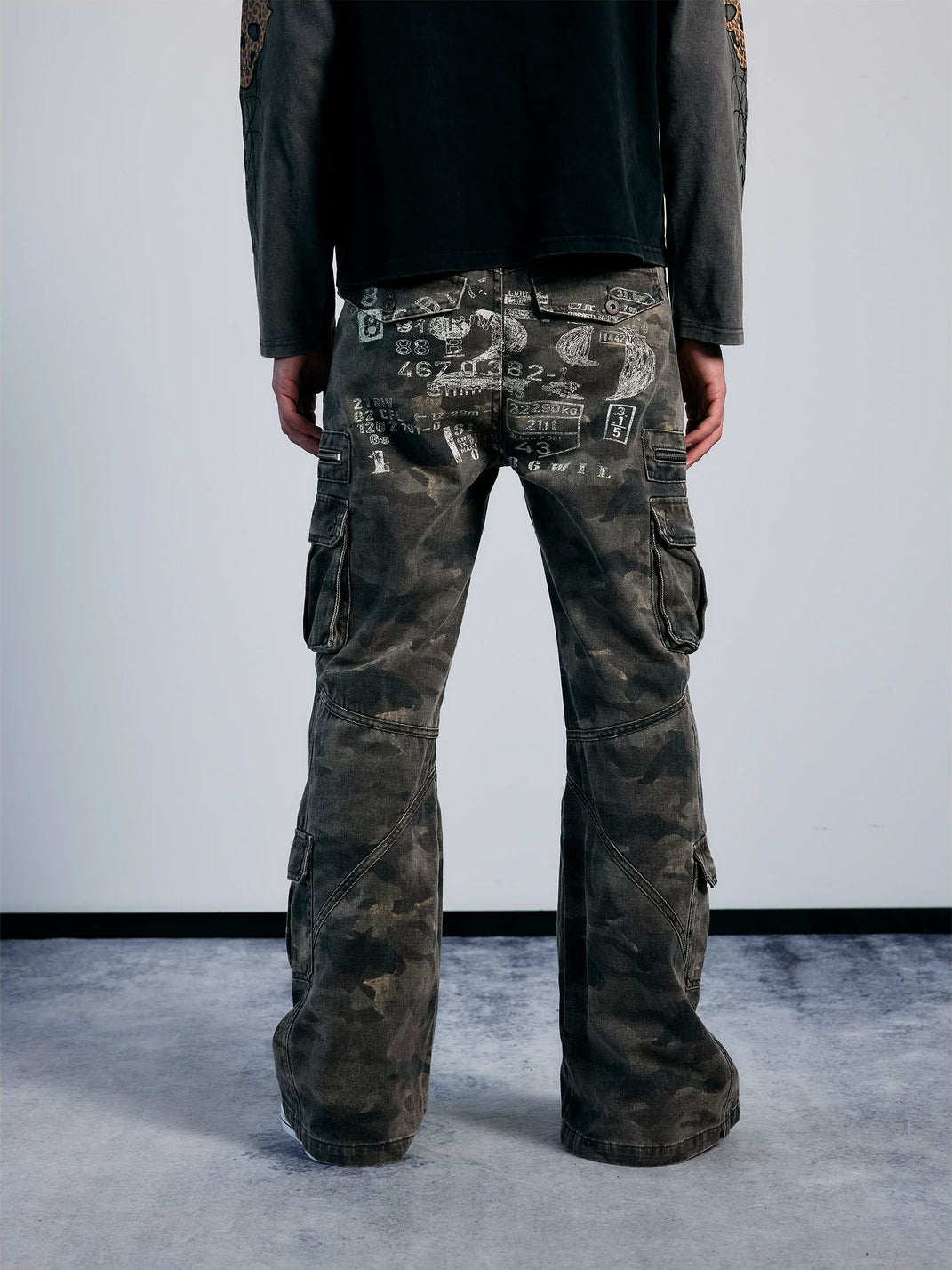 PAIKI Washed Camouflage Multi-Panel Flared Cargo Pants