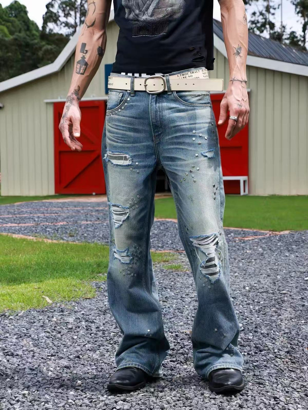 Houndstooth 646 Flare Jeans — Distressed Patches, 3D Whiskering & Studs