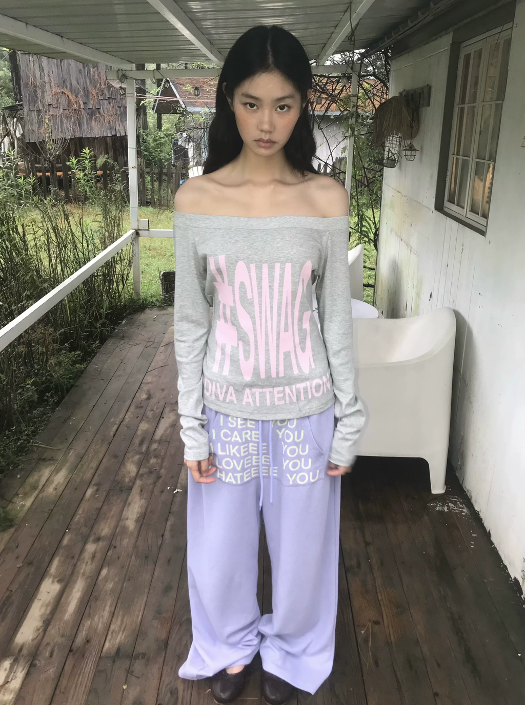 Lavender Wide-Leg Sweatpants – "I See You" Text Print