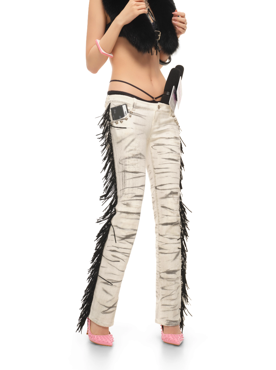 Sivona Fashion Icon Fringe Low-Rise Distressed Studded White Jeans
