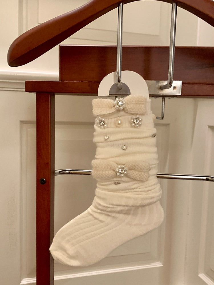 Heart Rhinestone & Pearl Embellished Ribbed Knit Stockings