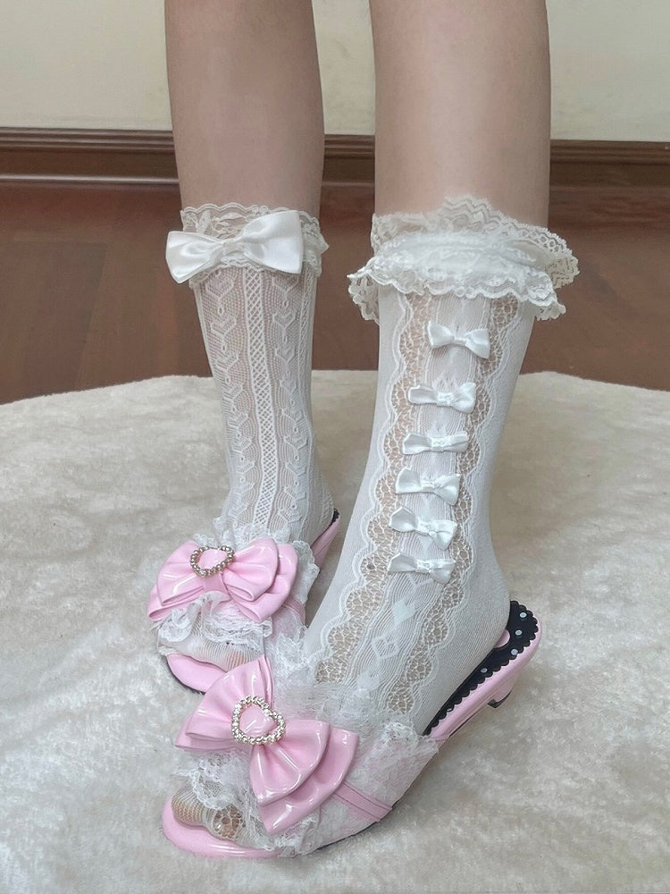 Pink Gyaru Slingback Sandals – 4cm Heel with Bowknot, Lace Trim & Detachable Heart Buckle