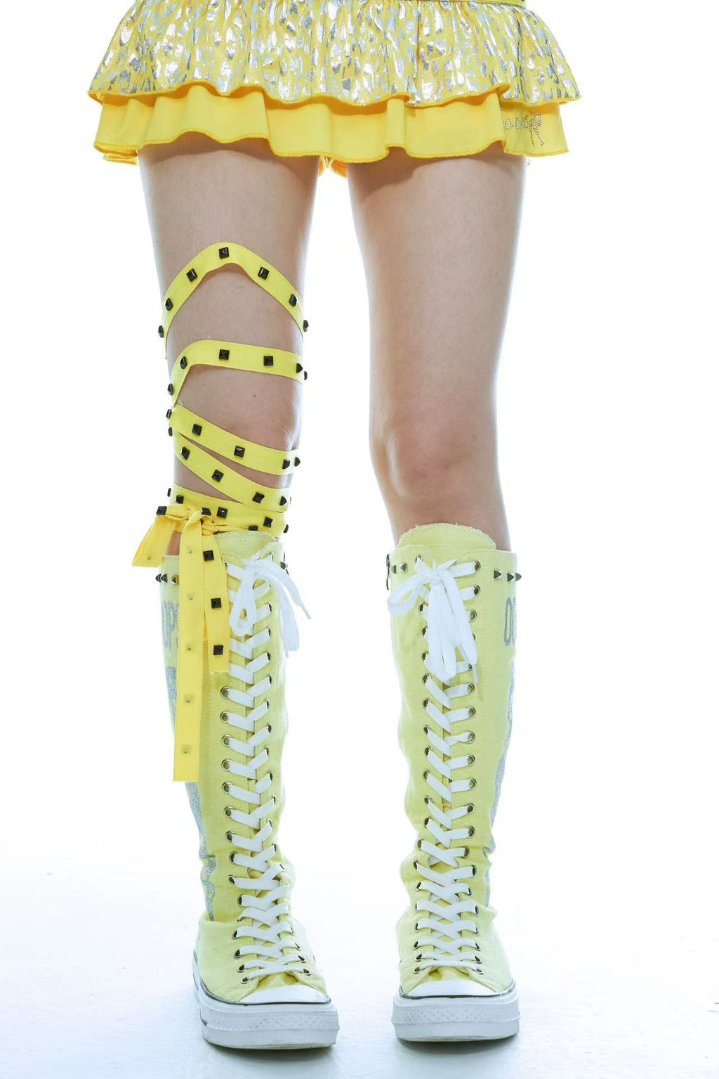 Ooops333 Studded Glitter Canvas Knee-High Lace-Up Boots