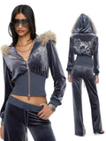 Sloane Velvet Set grey-blue fur-trim hoodie and pants