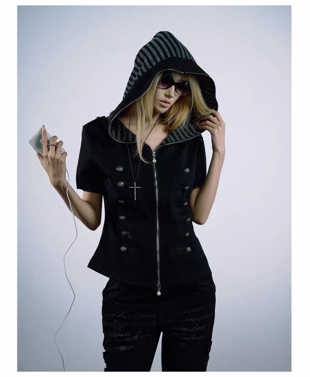 Napoleon-style buttoned hooded jacket