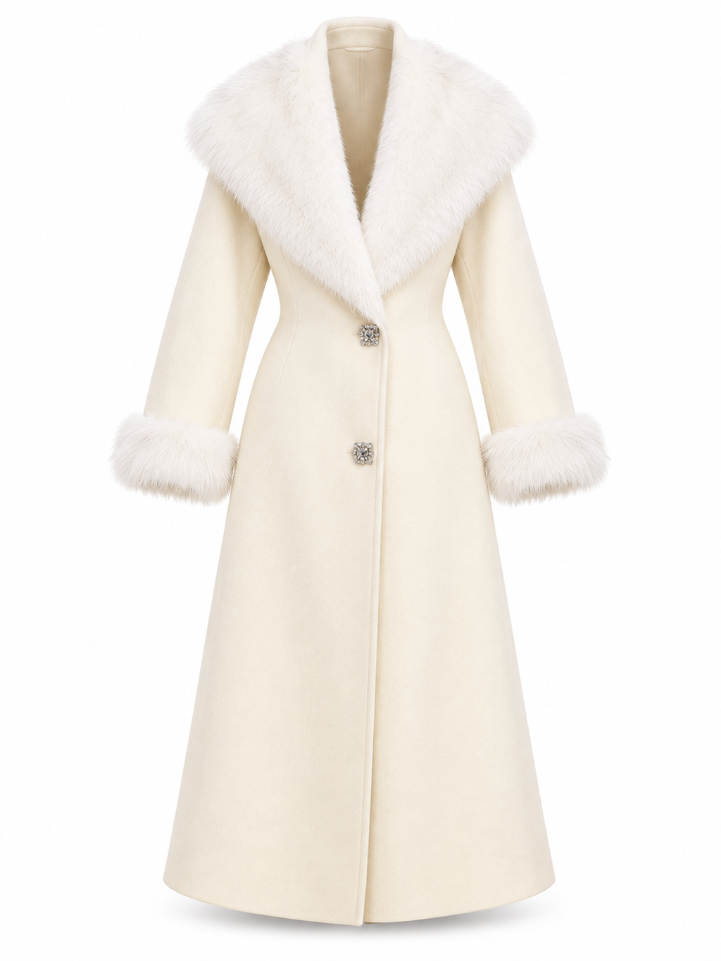 Ivory Double-Faced Wool Long Coat with Fur Trim Shawl Collar