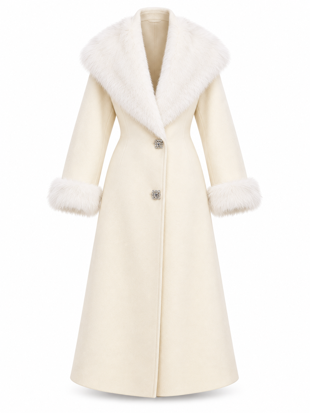 Ivory Double-Faced Wool Long Coat with Fur Trim Shawl Collar