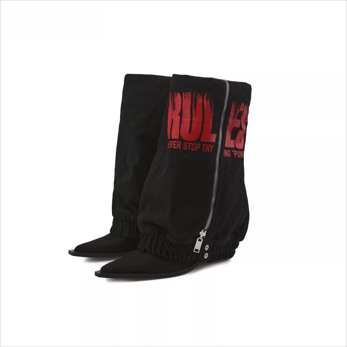 24ANS Slouchy Printed Denim Heeled Boots – Ruched Leg-Lengthening Boots
