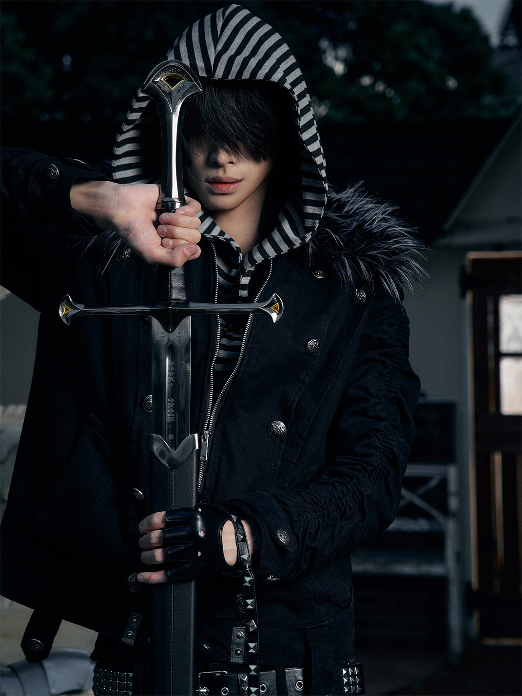 PAIKI "Silent Shadow" Detachable Fur Collar Canvas Double-Breasted Jacket