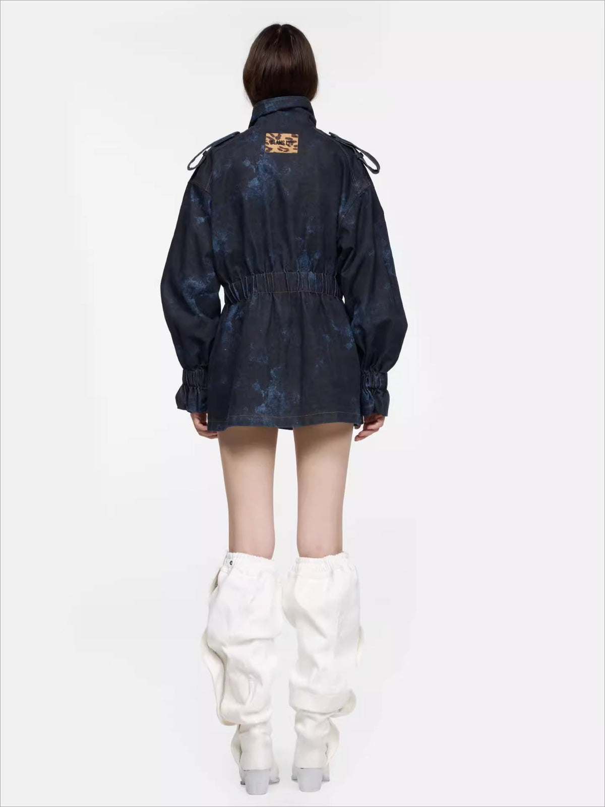 24ANS Slouchy Printed Denim Heeled Boots – Ruched Leg-Lengthening Boots